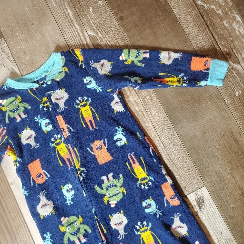 Carter's Blue Orange Green Monster Size 3T Fleece Footed Pajamas PJs EUC